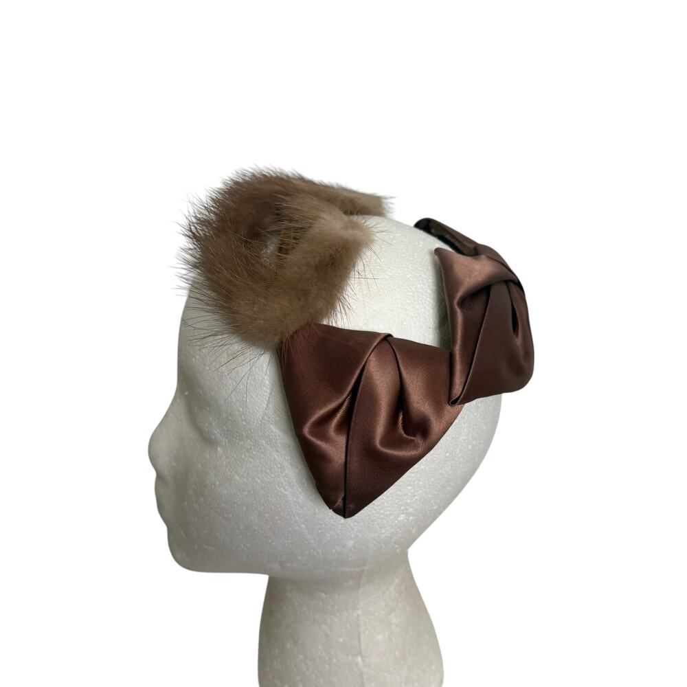 1940s Mink Fur Satin Fascinator Hat Brown Vintage Mob Cap Pinup Retro - Picture 4 of 8